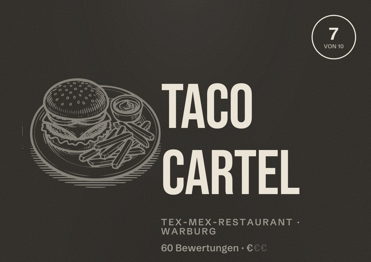 Illustriertes Poster von Taco Cartel, Tex-Mex-Restaurant in Warburg: Bewertung 7 von 10 aus 60 Bewertungen, Preisniveau €
