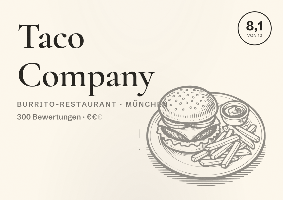 Illustriertes Poster von Taco Company, Burrito-Restaurant in München: Bewertung 8,1 von 10 aus 300 Bewertungen, Preisniveau €€