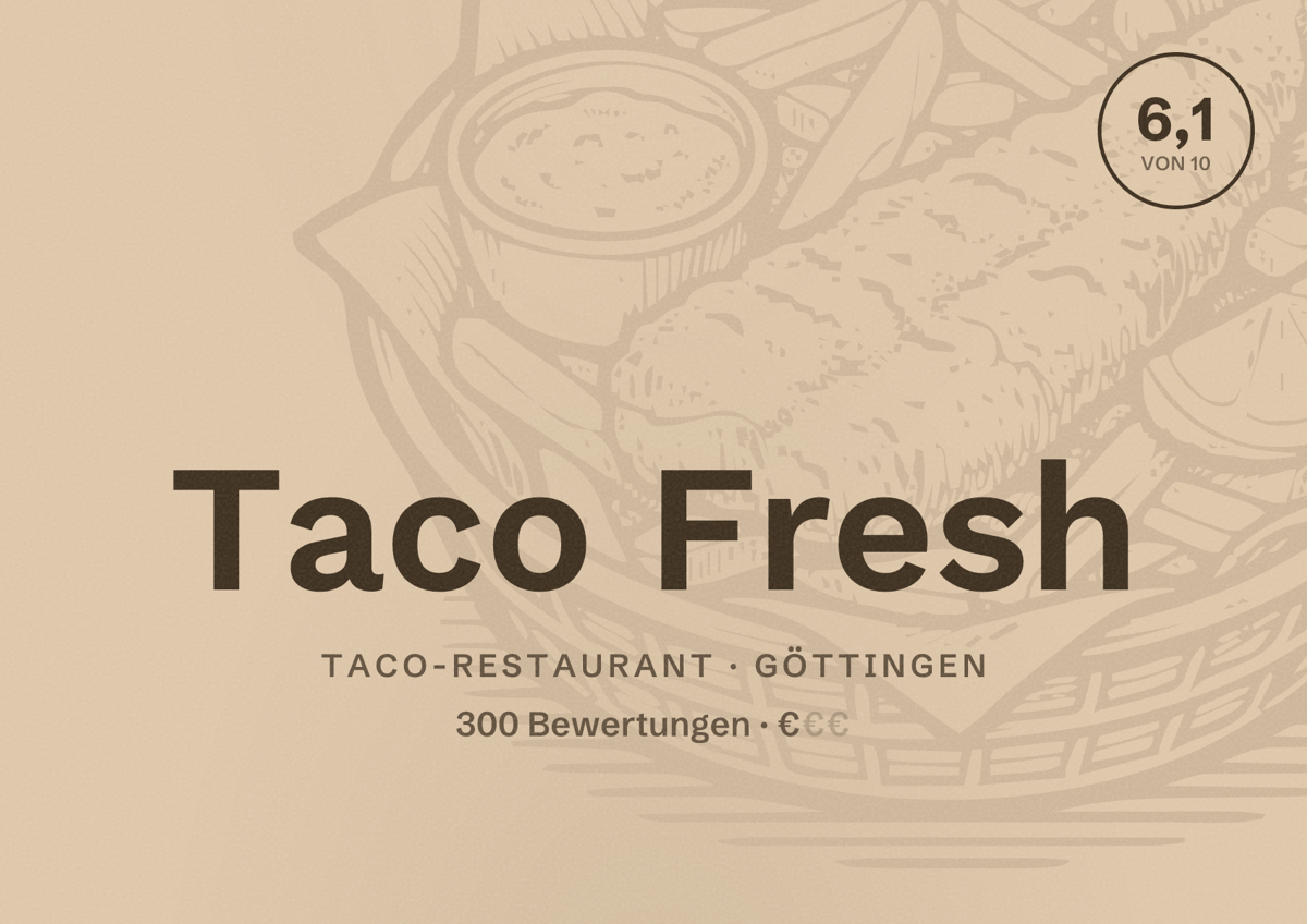 Illustriertes Poster von Taco Fresh, Taco-Restaurant in Göttingen: Bewertung 6,1 von 10 aus 300 Bewertungen, Preisniveau €