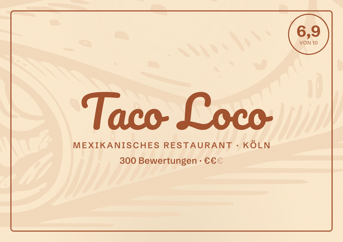 Illustriertes Poster von Taco Loco, Mexikanisches Restaurant in Köln: Bewertung 6,9 von 10 aus 300 Bewertungen, Preisniveau €€