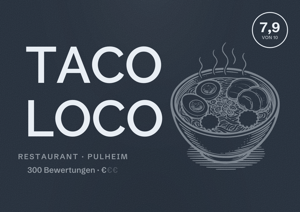 Illustriertes Poster von TACO LOCO, Restaurant in Pulheim: Bewertung 7,9 von 10 aus 300 Bewertungen, Preisniveau €