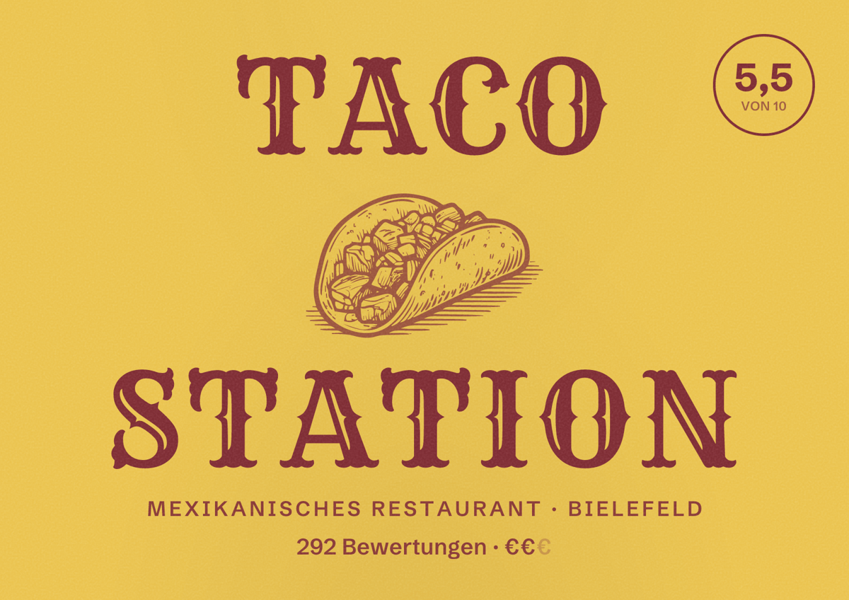 Illustriertes Poster von Taco Station, Mexikanisches Restaurant in Bielefeld: Bewertung 5,5 von 10 aus 292 Bewertungen, Preisniveau €€