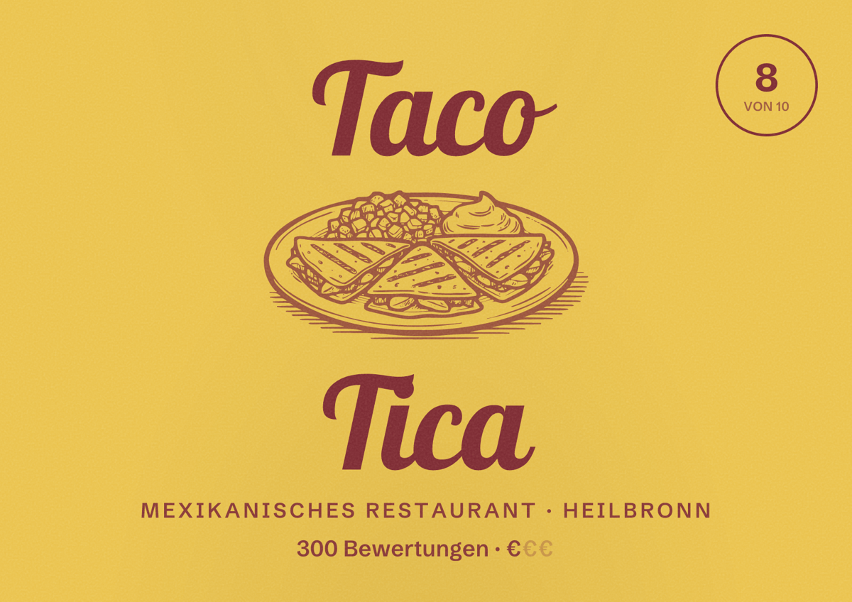 Illustriertes Poster von Taco Tica, Mexikanisches Restaurant in Heilbronn: Bewertung 8 von 10 aus 300 Bewertungen, Preisniveau €