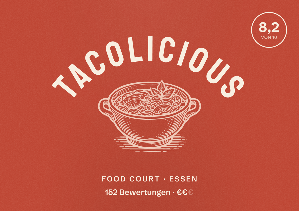 Illustriertes Poster von Tacolicious, Food Court in Essen: Bewertung 8,2 von 10 aus 152 Bewertungen, Preisniveau €€
