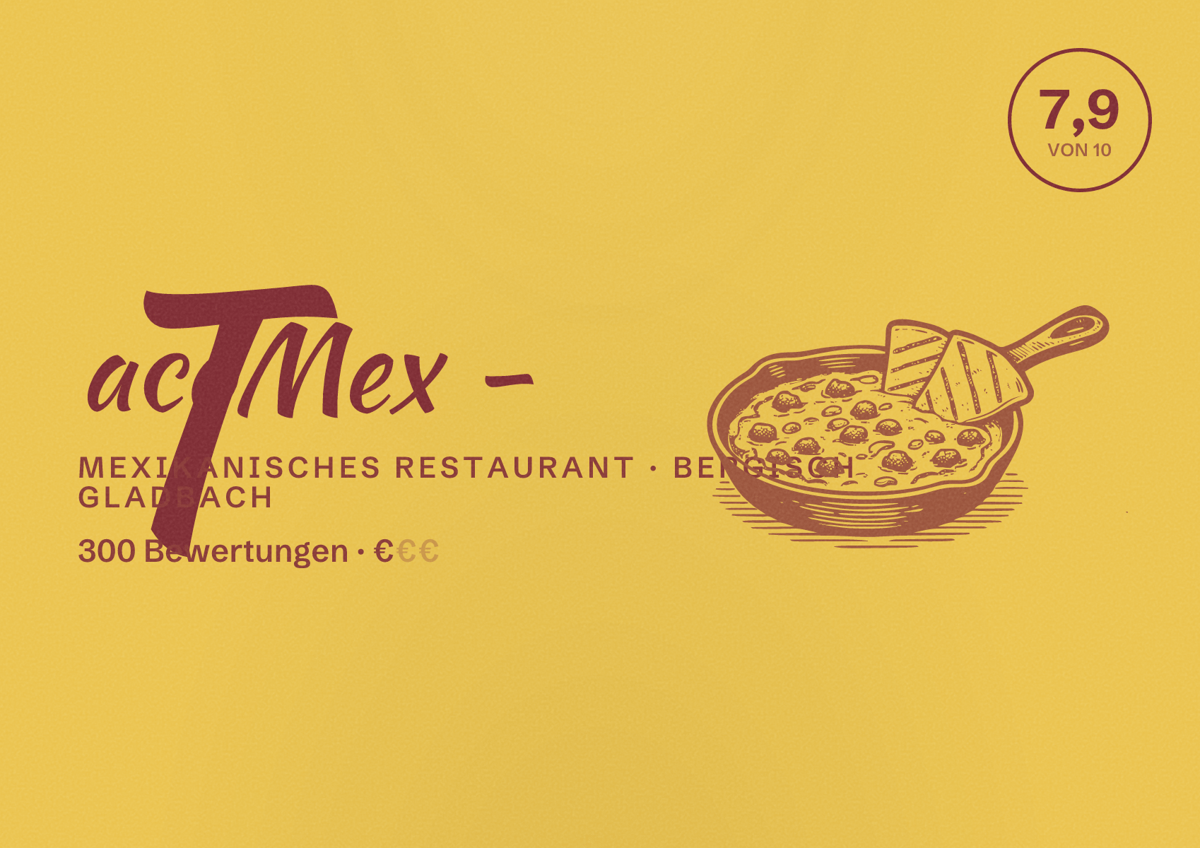 Illustriertes Poster von TacoMex -, Mexikanisches Restaurant in Bergisch Gladbach: Bewertung 7,9 von 10 aus 300 Bewertungen, Preisniveau €