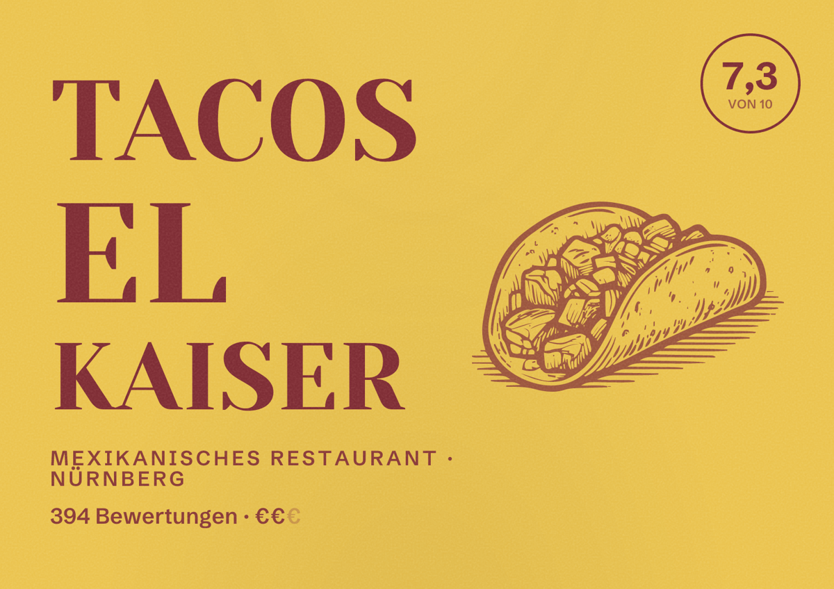 Illustriertes Poster von Tacos El Kaiser, Mexikanisches Restaurant in Nürnberg: Bewertung 7,3 von 10 aus 394 Bewertungen, Preisniveau €€