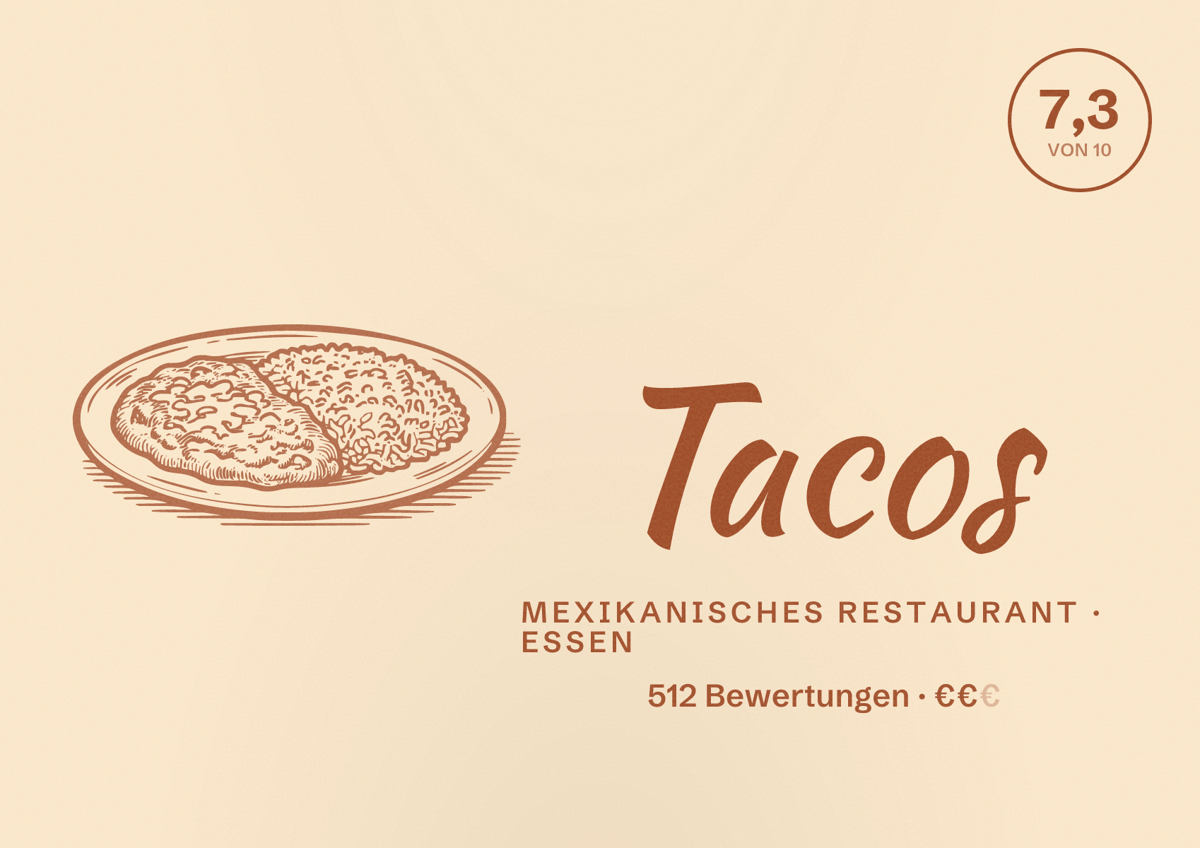 Illustriertes Poster von Tacos, Mexikanisches Restaurant in Essen: Bewertung 7,3 von 10 aus 512 Bewertungen, Preisniveau €€