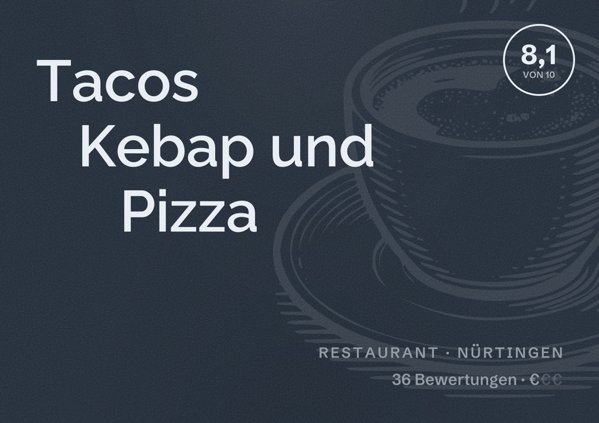 Illustriertes Poster von Tacos Kebap und Pizza, Restaurant in Nürtingen: Bewertung 8,1 von 10 aus 36 Bewertungen, Preisniveau €