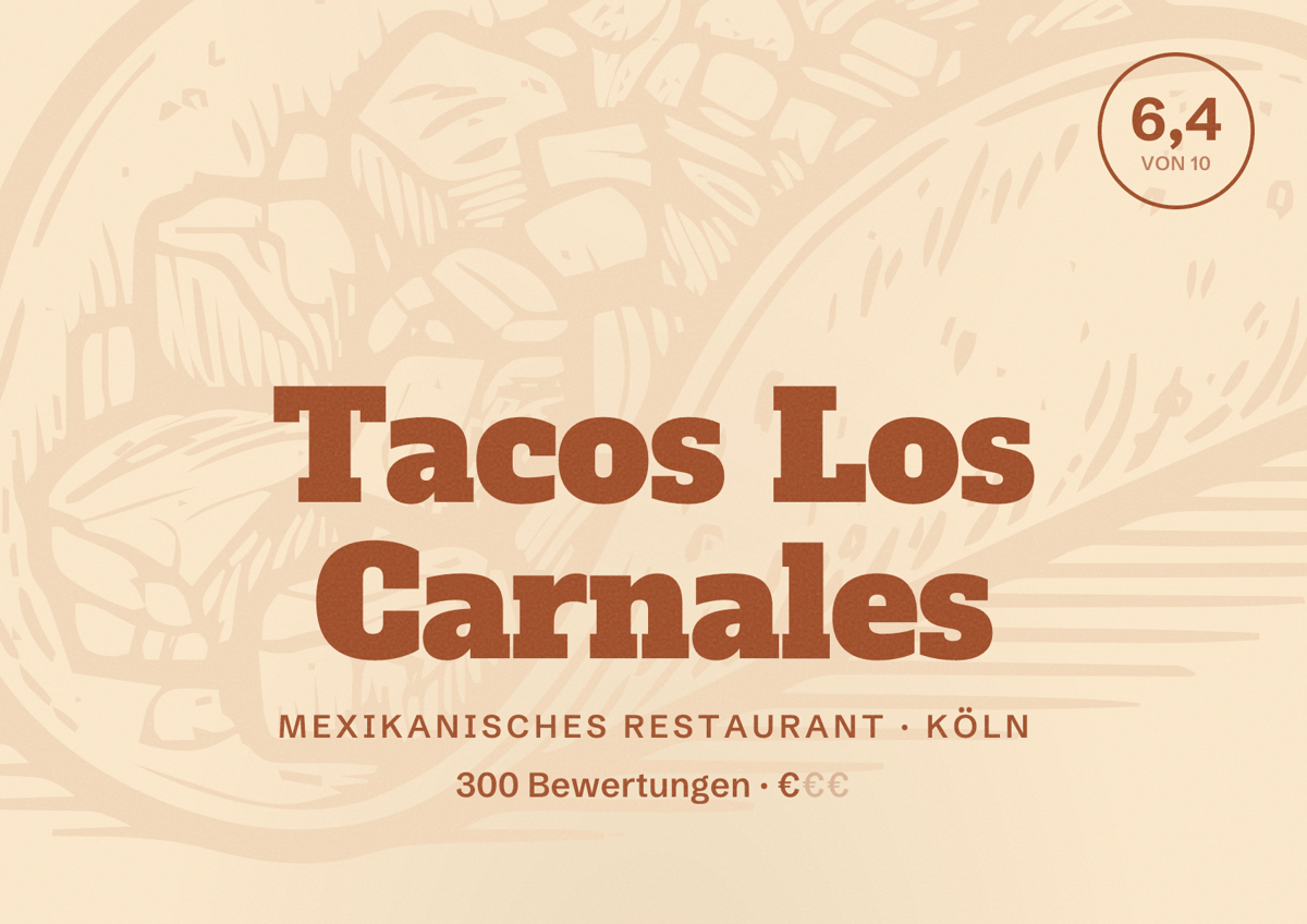 Illustriertes Poster von Tacos Los Carnales, Mexikanisches Restaurant in Köln: Bewertung 6,4 von 10 aus 300 Bewertungen, Preisniveau €