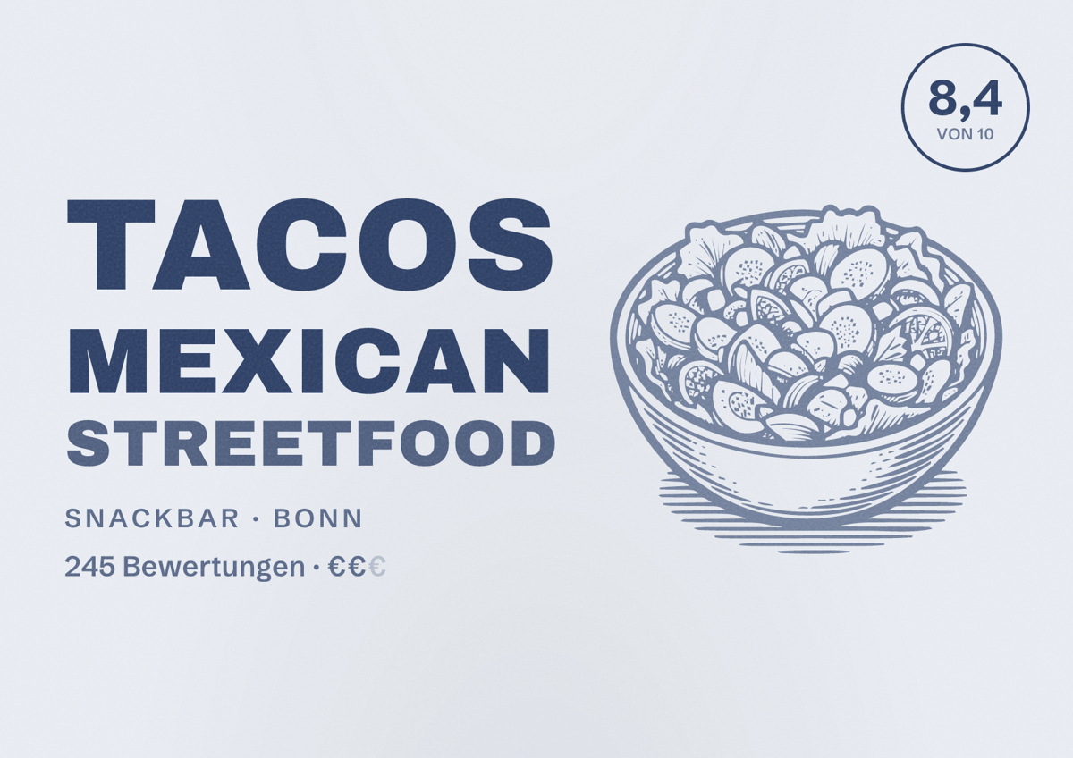 Illustriertes Poster von Tacos Mexican StreetFood, Snackbar in Bonn: Bewertung 8,4 von 10 aus 245 Bewertungen, Preisniveau €€