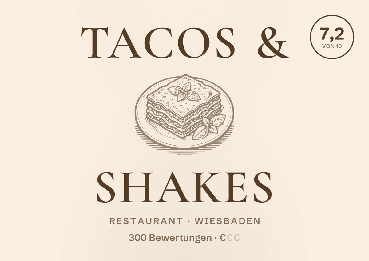 Illustriertes Poster von TACOS & SHAKES, Restaurant in Wiesbaden: Bewertung 7,2 von 10 aus 300 Bewertungen, Preisniveau €