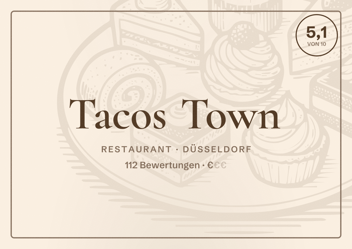 Illustriertes Poster von Tacos Town, Restaurant in Düsseldorf: Bewertung 5,1 von 10 aus 112 Bewertungen, Preisniveau €
