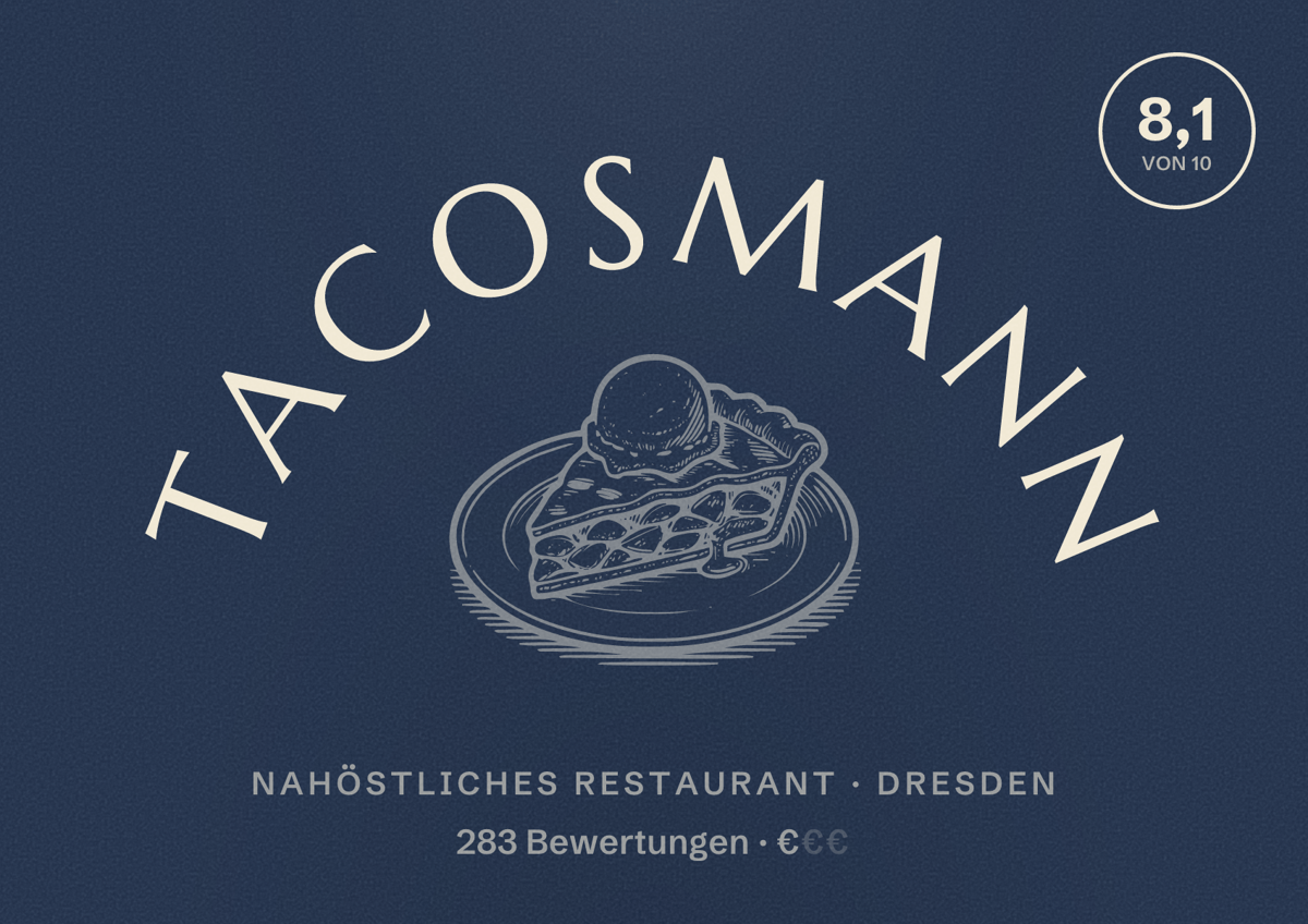 Illustriertes Poster von Tacosmann, Nahöstliches Restaurant in Dresden: Bewertung 8,1 von 10 aus 283 Bewertungen, Preisniveau €