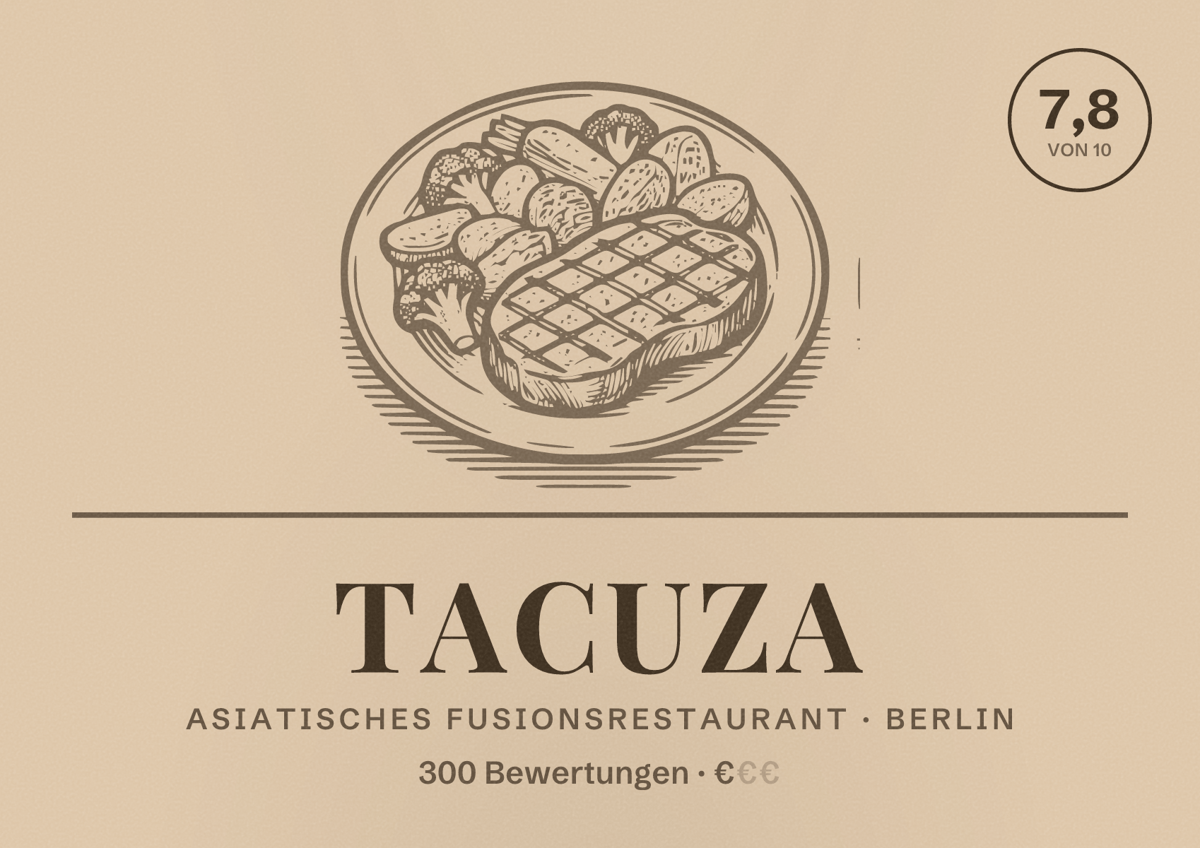 Illustriertes Poster von Tacuza, Asiatisches Fusionsrestaurant in Berlin: Bewertung 7,8 von 10 aus 300 Bewertungen, Preisniveau €