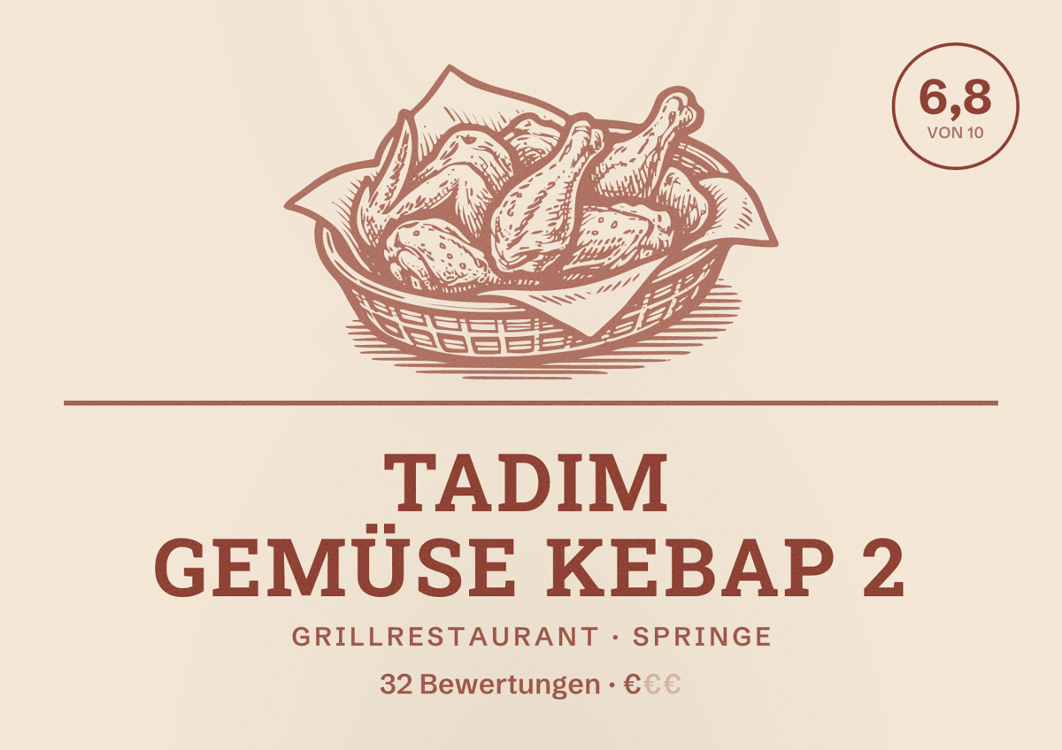 Illustriertes Poster von Tadım Gemüse kebap 2, Grillrestaurant in Springe: Bewertung 6,8 von 10 aus 32 Bewertungen, Preisniveau €