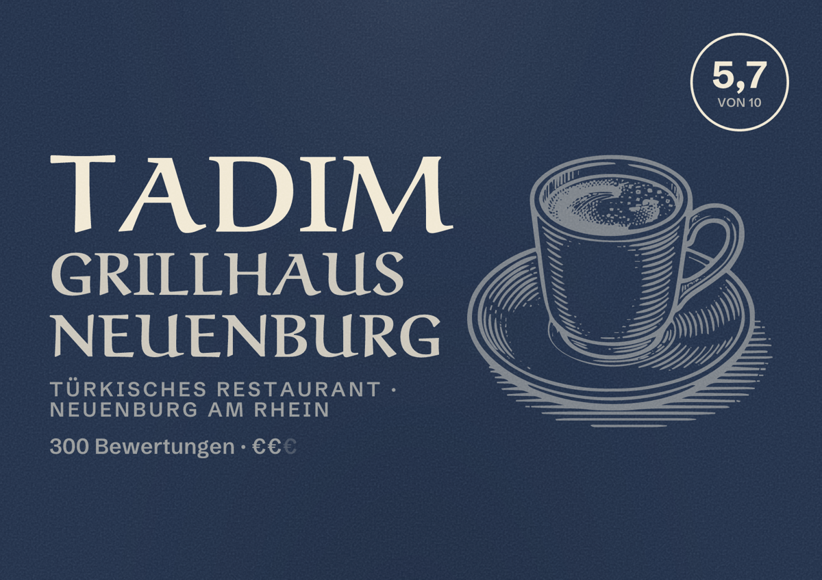 Illustriertes Poster von Tadim Grillhaus Neuenburg, Türkisches Restaurant in Neuenburg am Rhein: Bewertung 5,7 von 10 aus 300 Bewertungen, Preisniveau €€