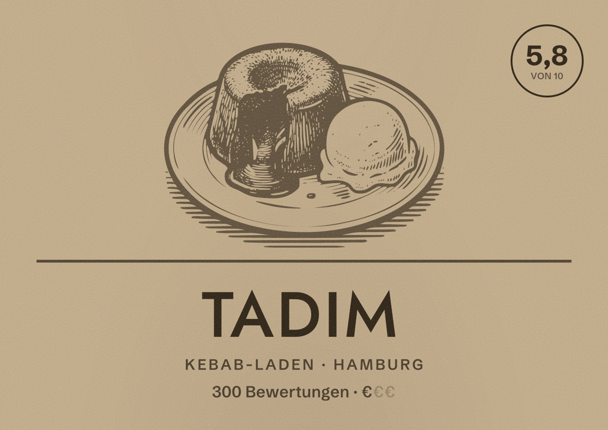 Illustriertes Poster von Tadim, Kebab-Laden in Hamburg: Bewertung 5,8 von 10 aus 300 Bewertungen, Preisniveau €
