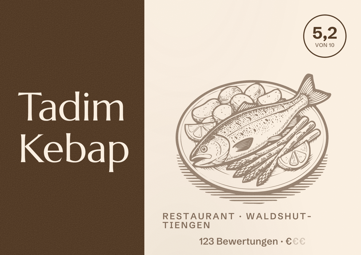 Illustriertes Poster von Tadim Kebap, Restaurant in Waldshut-Tiengen: Bewertung 5,2 von 10 aus 123 Bewertungen, Preisniveau €