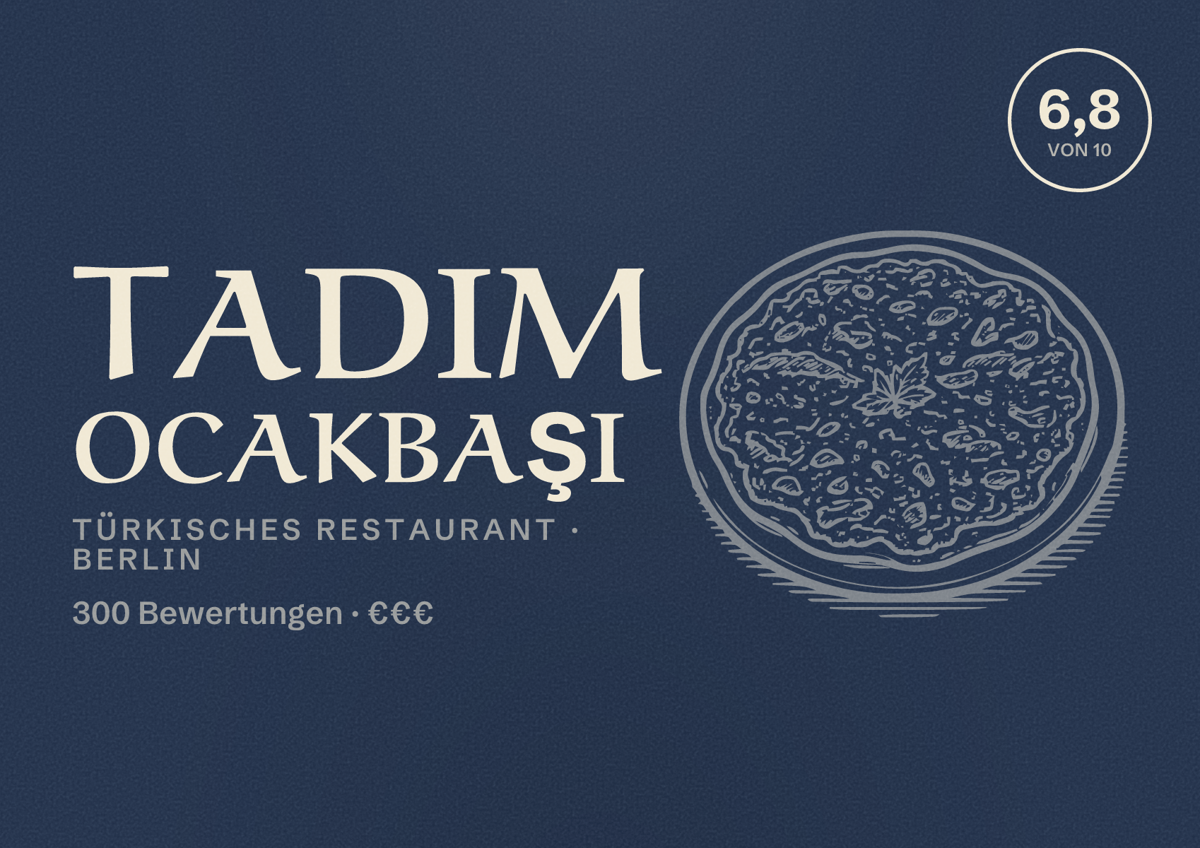 Illustriertes Poster von Tadım Ocakbaşı, Türkisches Restaurant in Berlin: Bewertung 6,8 von 10 aus 300 Bewertungen, Preisniveau €€€