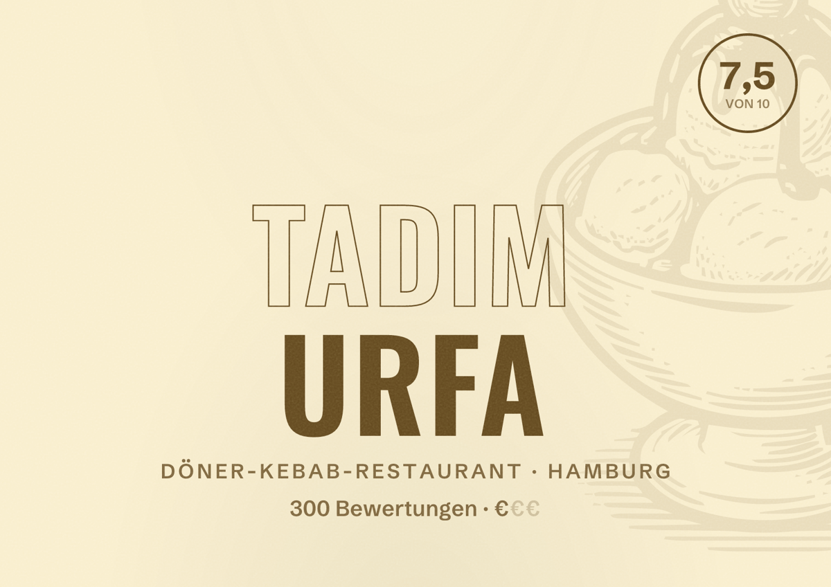 Illustriertes Poster von Tadim Urfa, Döner-Kebab-Restaurant in Hamburg: Bewertung 7,5 von 10 aus 300 Bewertungen, Preisniveau €