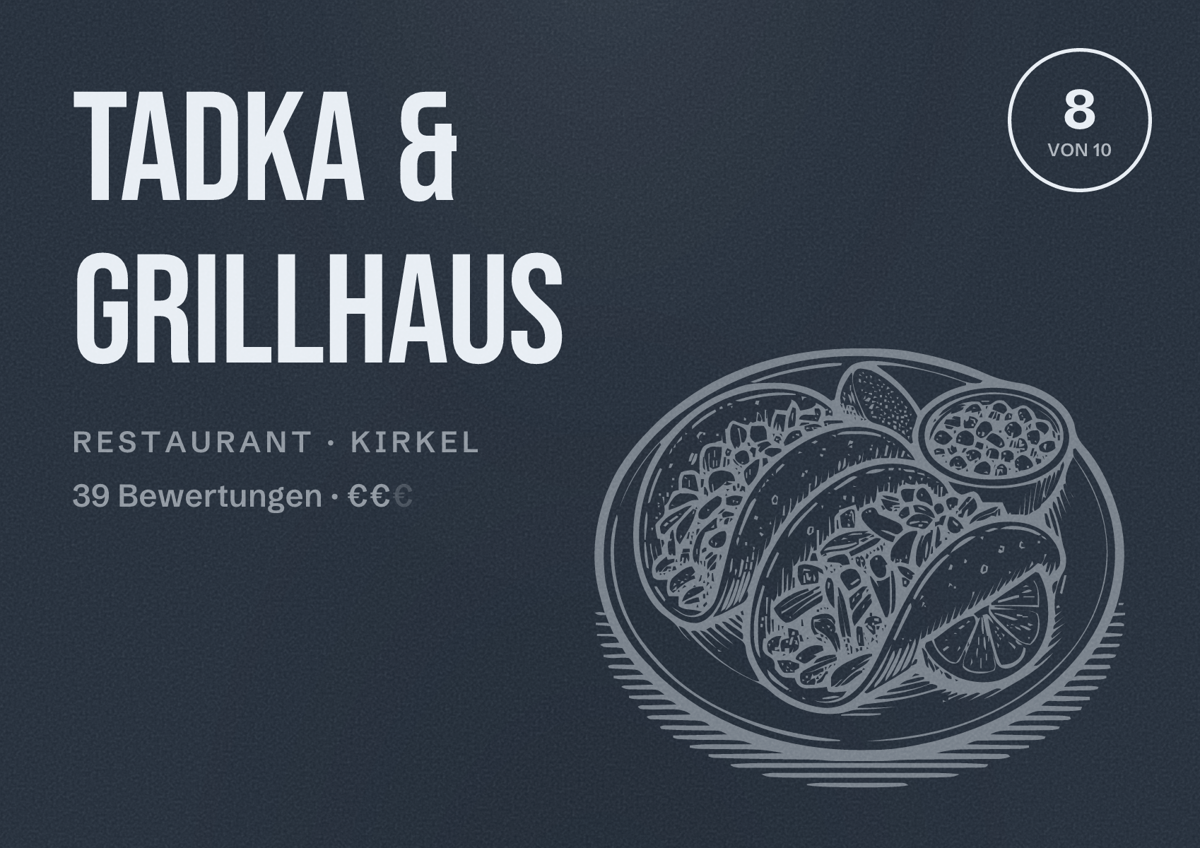 Illustriertes Poster von TADKA & GRILLHAUS, Restaurant in Kirkel: Bewertung 8 von 10 aus 39 Bewertungen, Preisniveau €€