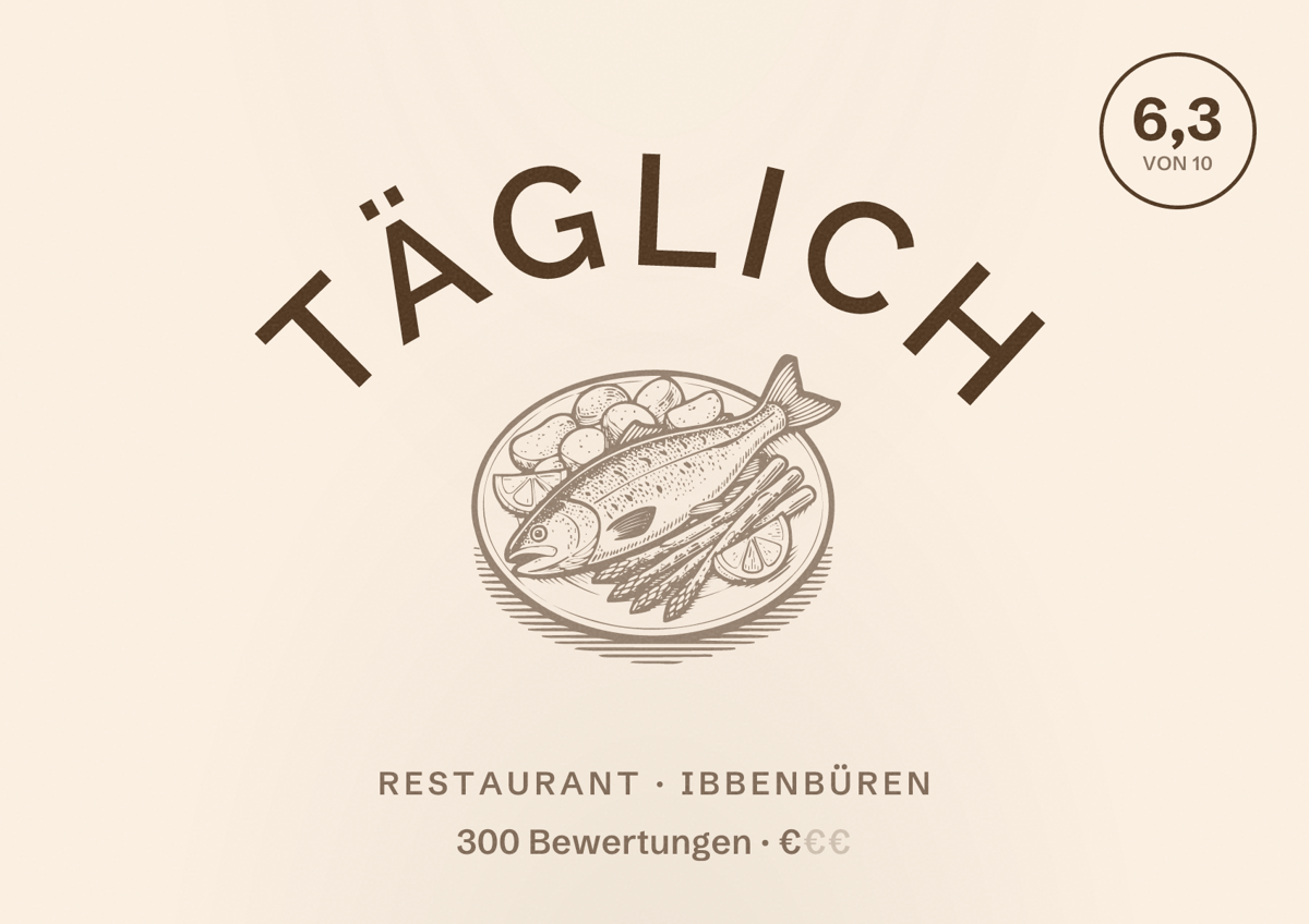 Illustriertes Poster von Täglich, Restaurant in Ibbenbüren: Bewertung 6,3 von 10 aus 300 Bewertungen, Preisniveau €