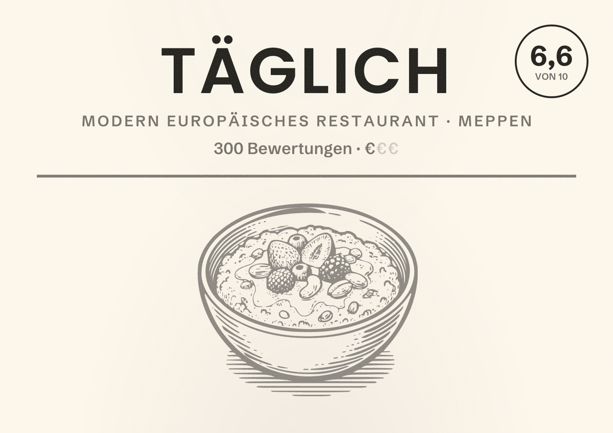 Illustriertes Poster von Täglich, Modern europäisches Restaurant in Meppen: Bewertung 6,6 von 10 aus 300 Bewertungen, Preisniveau €