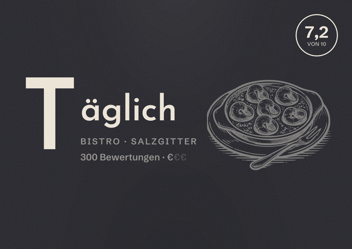 Illustriertes Poster von Täglich, Bistro in Salzgitter: Bewertung 7,2 von 10 aus 300 Bewertungen, Preisniveau €