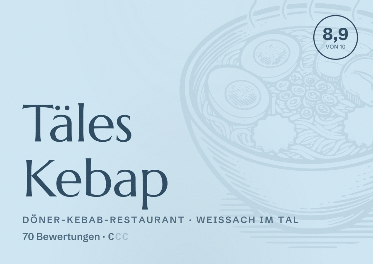 Illustriertes Poster von Täles Kebap, Döner-Kebab-Restaurant in Weissach im Tal: Bewertung 8,9 von 10 aus 70 Bewertungen, Preisniveau €