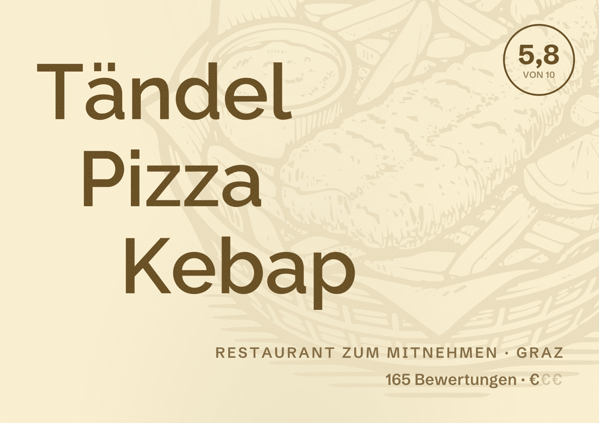 Illustriertes Poster von Tändel Pizza Kebap, Restaurant zum Mitnehmen in Graz: Bewertung 5,8 von 10 aus 165 Bewertungen, Preisniveau €