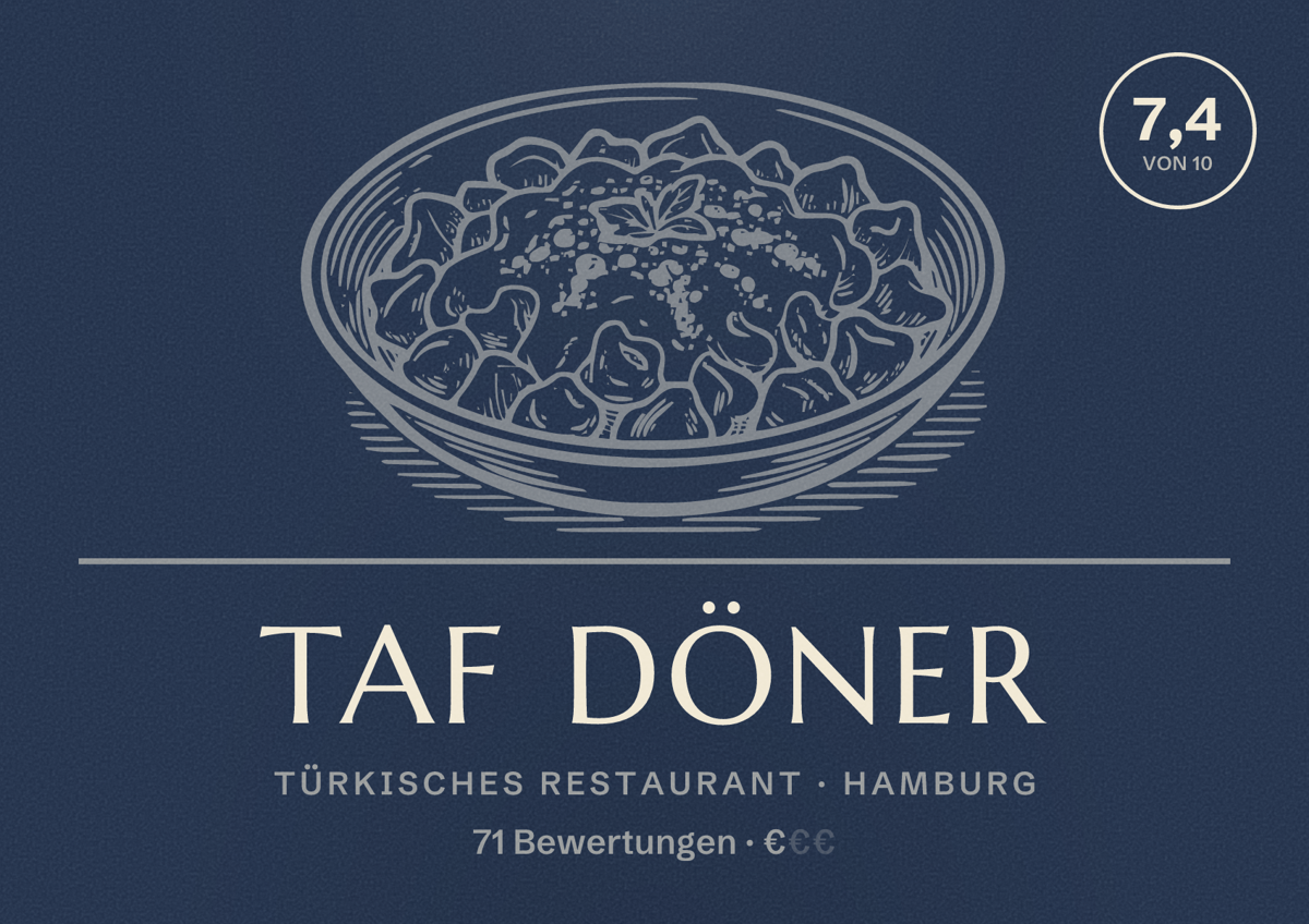 Illustriertes Poster von TAF Döner, Türkisches Restaurant in Hamburg: Bewertung 7,4 von 10 aus 71 Bewertungen, Preisniveau €
