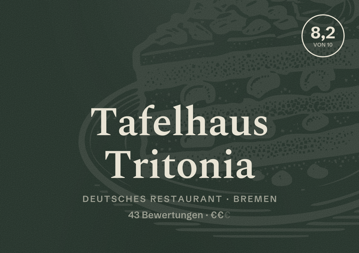 Illustriertes Poster von Tafelhaus Tritonia, Deutsches Restaurant in Bremen: Bewertung 8,2 von 10 aus 43 Bewertungen, Preisniveau €€
