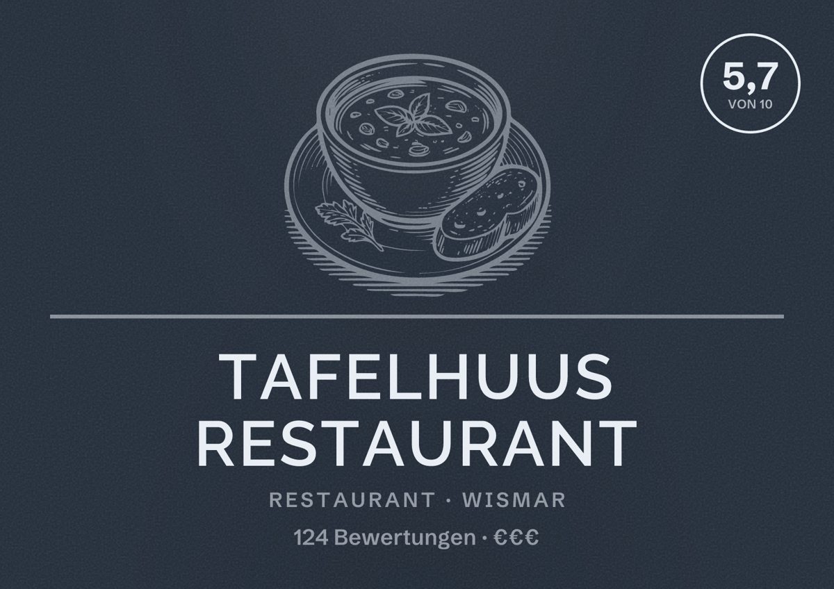 Illustriertes Poster von Tafelhuus Restaurant, Restaurant in Wismar: Bewertung 5,7 von 10 aus 124 Bewertungen, Preisniveau €€€