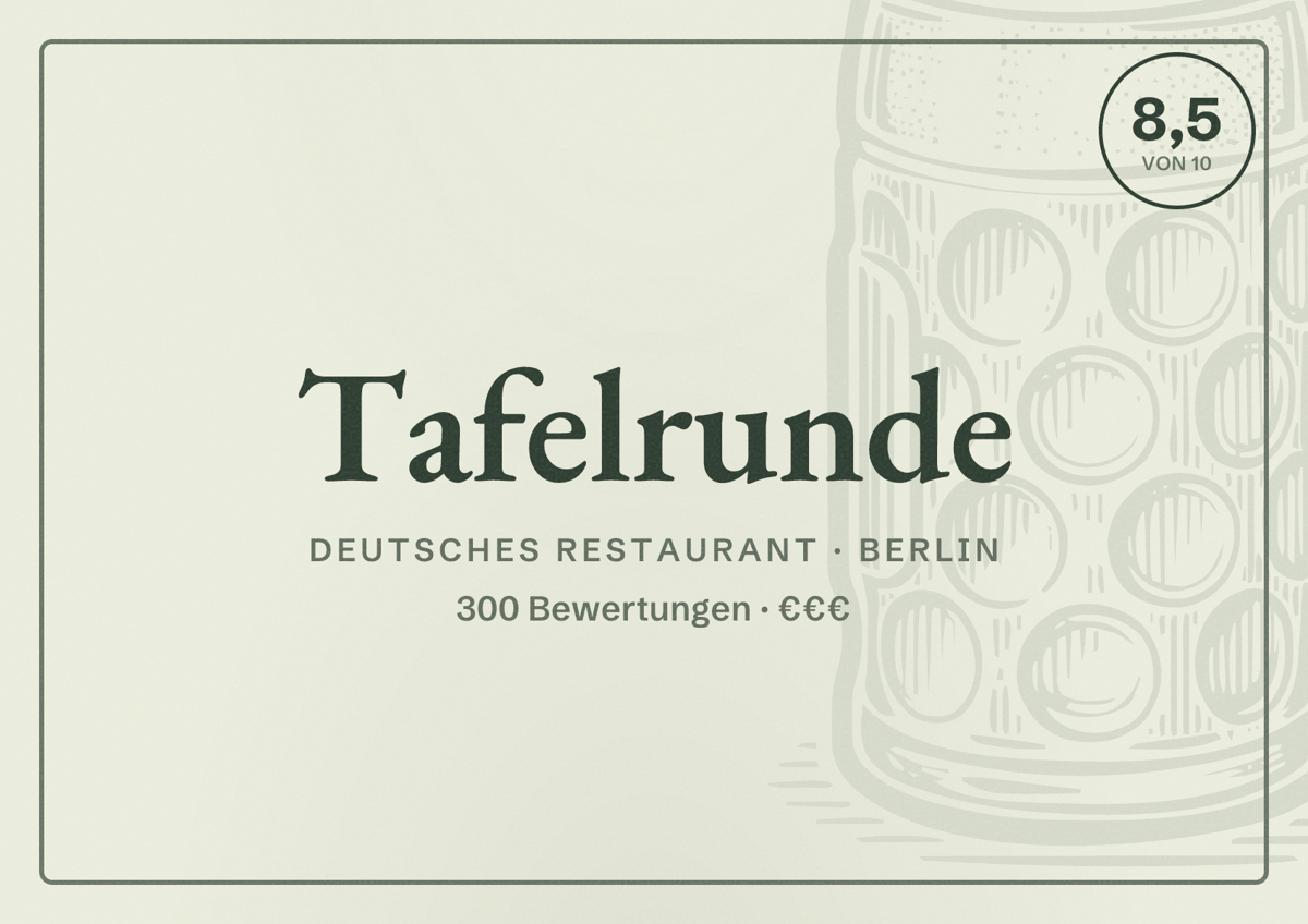 Illustriertes Poster von Tafelrunde, Deutsches Restaurant in Berlin: Bewertung 8,5 von 10 aus 300 Bewertungen, Preisniveau €€€