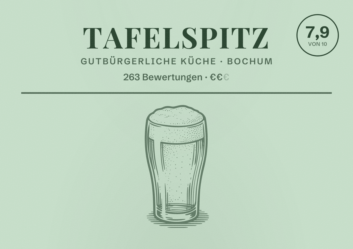 Illustriertes Poster von Tafelspitz, Gutbürgerliche Küche in Bochum: Bewertung 7,9 von 10 aus 263 Bewertungen, Preisniveau €€