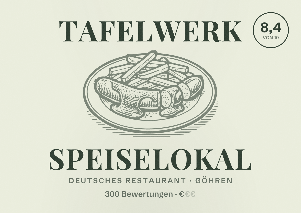 Illustriertes Poster von Tafelwerk Speiselokal, Deutsches Restaurant in Göhren: Bewertung 8,4 von 10 aus 300 Bewertungen, Preisniveau €