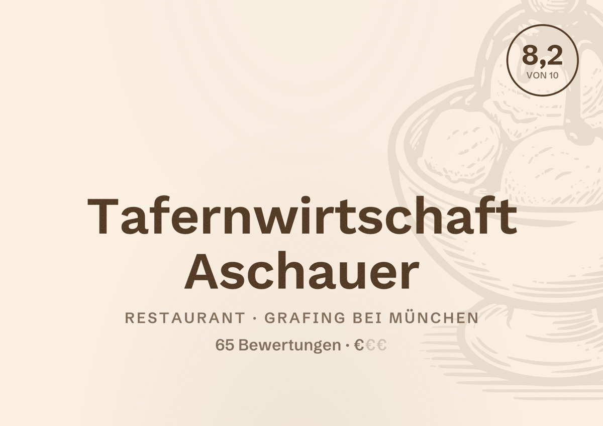 Illustriertes Poster von Tafernwirtschaft Aschauer, Restaurant in Grafing bei München: Bewertung 8,2 von 10 aus 65 Bewertungen, Preisniveau €