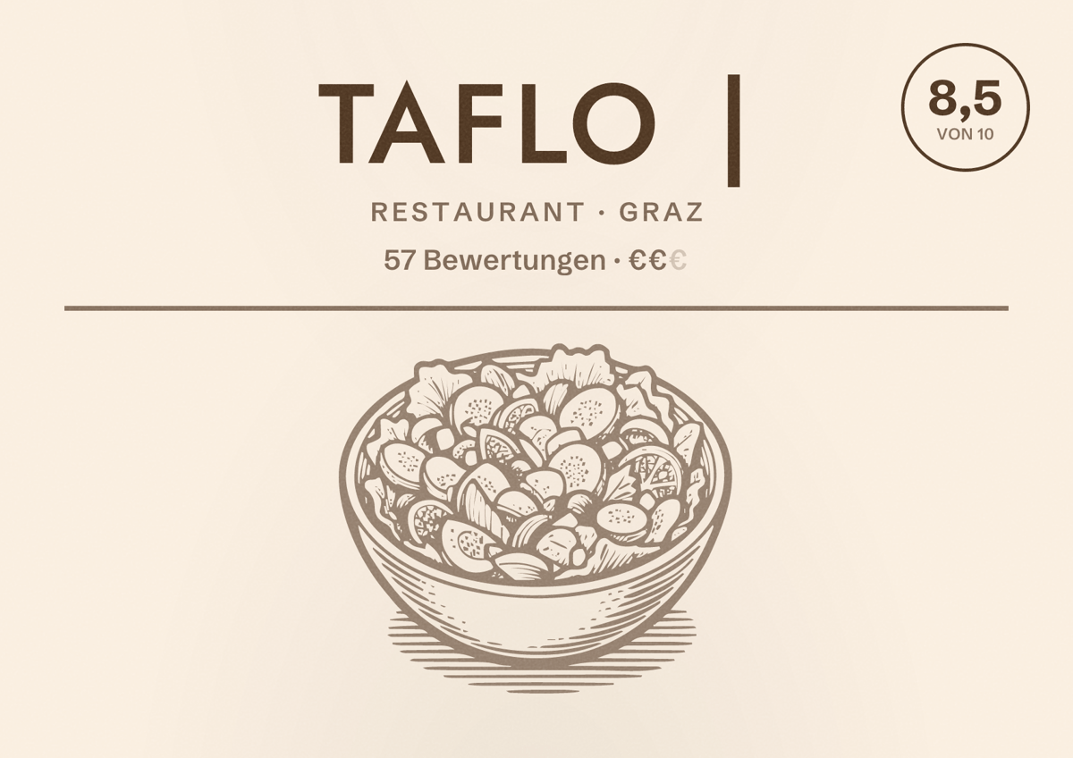 Illustriertes Poster von Taflo |, Restaurant in Graz: Bewertung 8,5 von 10 aus 57 Bewertungen, Preisniveau €€