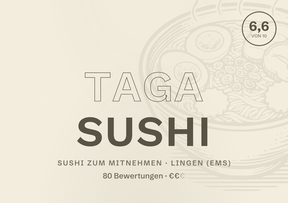 Illustriertes Poster von Taga Sushi, Sushi zum Mitnehmen in Lingen (Ems): Bewertung 6,6 von 10 aus 80 Bewertungen, Preisniveau €€
