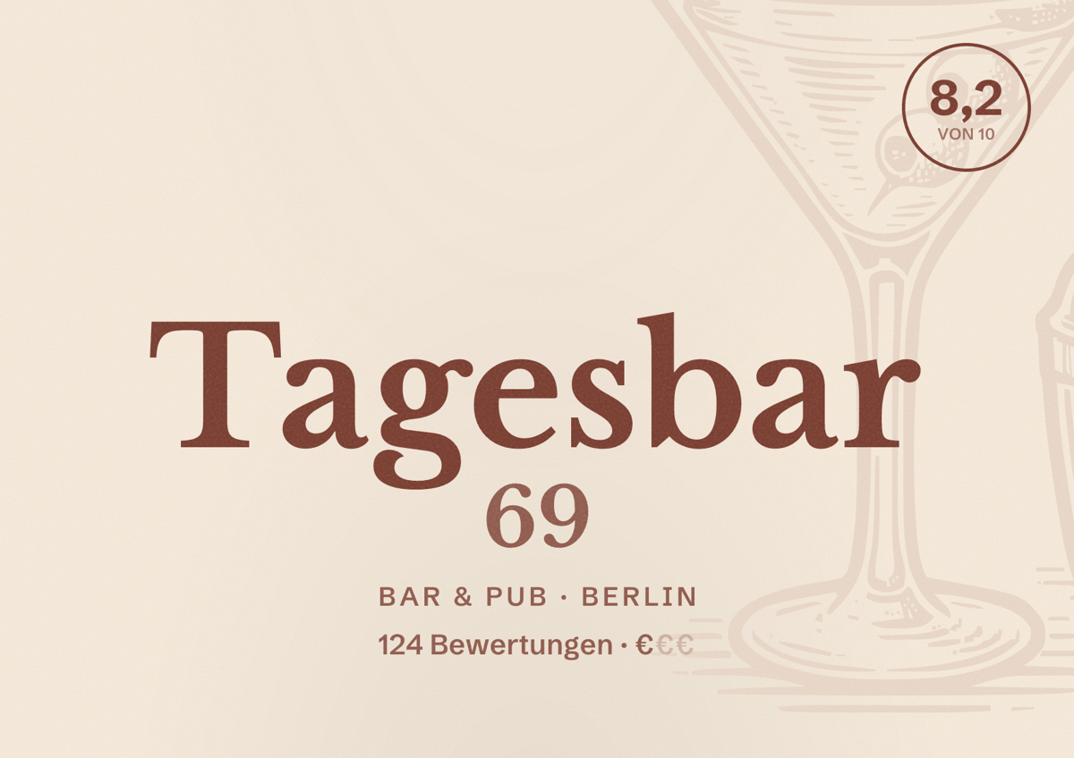 Illustriertes Poster von Tagesbar 69, Bar & Pub in Berlin: Bewertung 8,2 von 10 aus 124 Bewertungen, Preisniveau €