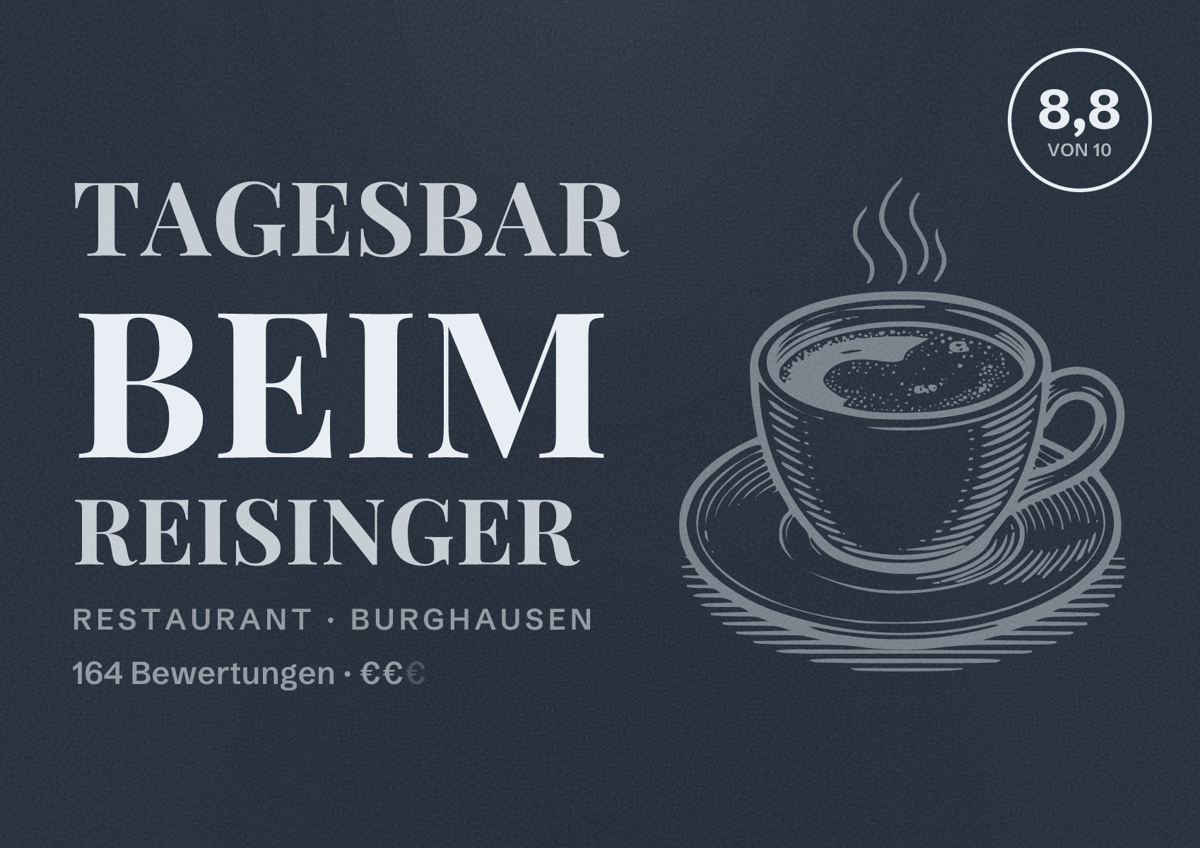 Illustriertes Poster von Tagesbar beim Reisinger, Restaurant in Burghausen: Bewertung 8,8 von 10 aus 164 Bewertungen, Preisniveau €€