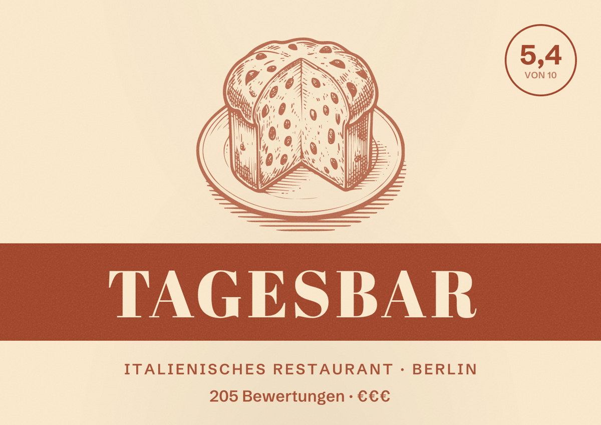 Illustriertes Poster von Tagesbar, Italienisches Restaurant in Berlin: Bewertung 5,4 von 10 aus 205 Bewertungen, Preisniveau €€€