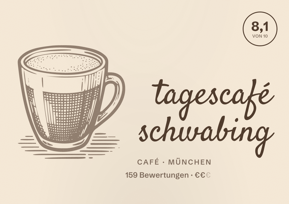 Illustriertes Poster von tagescafé schwabing, Café in München: Bewertung 8,1 von 10 aus 159 Bewertungen, Preisniveau €€