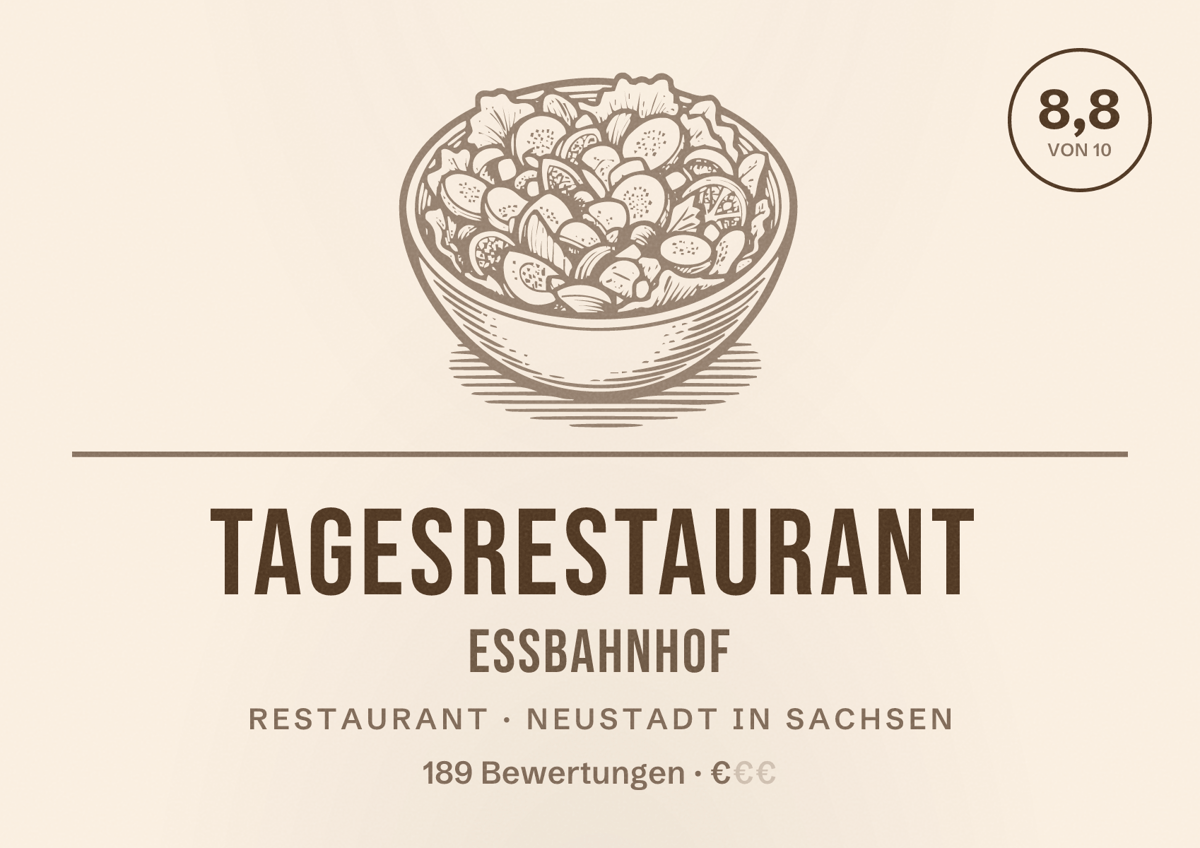Illustriertes Poster von Tagesrestaurant EssBahnhof, Restaurant in Neustadt in Sachsen: Bewertung 8,8 von 10 aus 189 Bewertungen, Preisniveau €