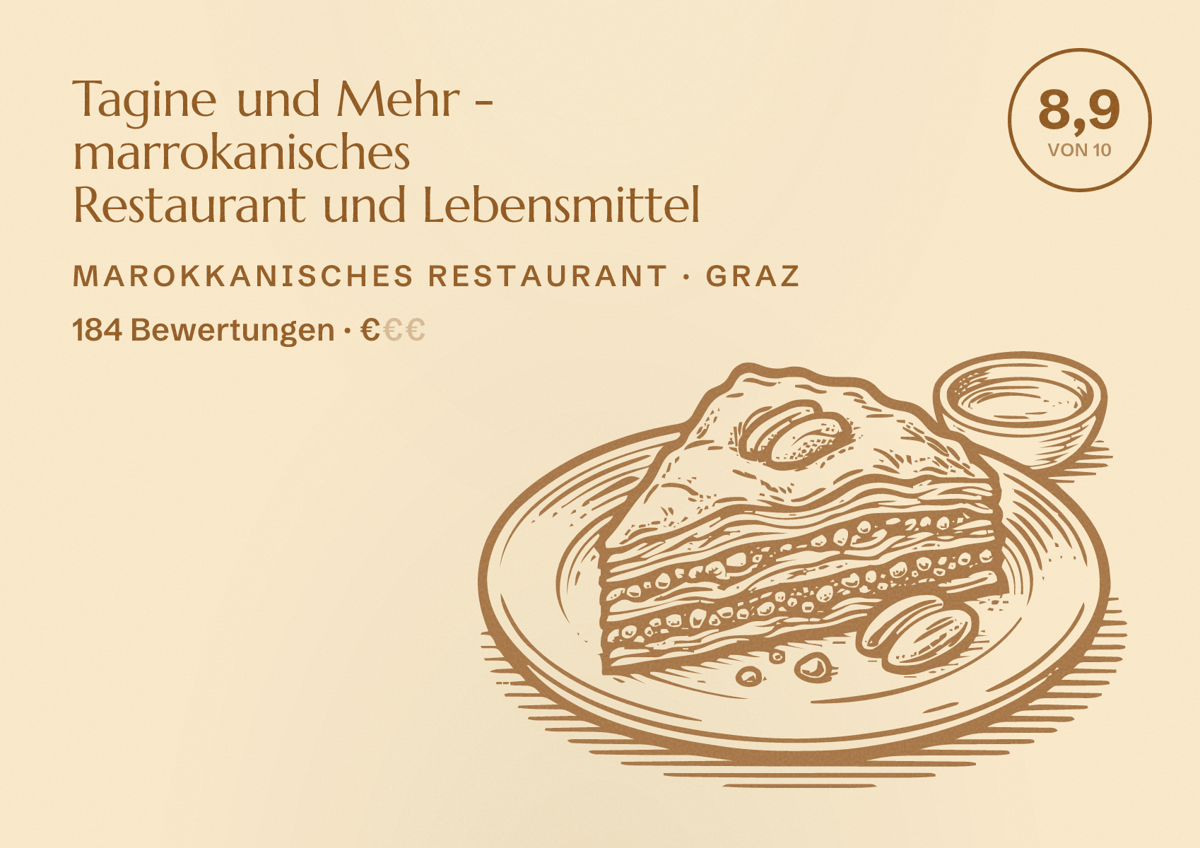 Illustriertes Poster von Tagine und Mehr - marrokanisches Restaurant und Lebensmittel, Marokkanisches Restaurant in Graz: Bewertung 8,9 von 10 aus 184 Bewertungen, Preisniveau €