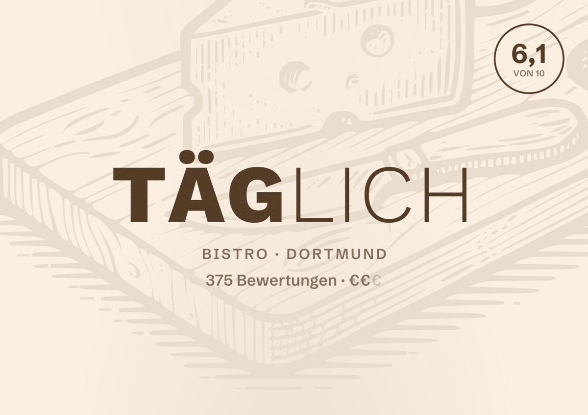 Illustriertes Poster von täglich, Bistro in Dortmund: Bewertung 6,1 von 10 aus 375 Bewertungen, Preisniveau €€