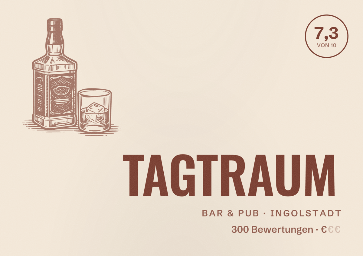 Illustriertes Poster von TAGTRAUM, Bar & Pub in Ingolstadt: Bewertung 7,3 von 10 aus 300 Bewertungen, Preisniveau €