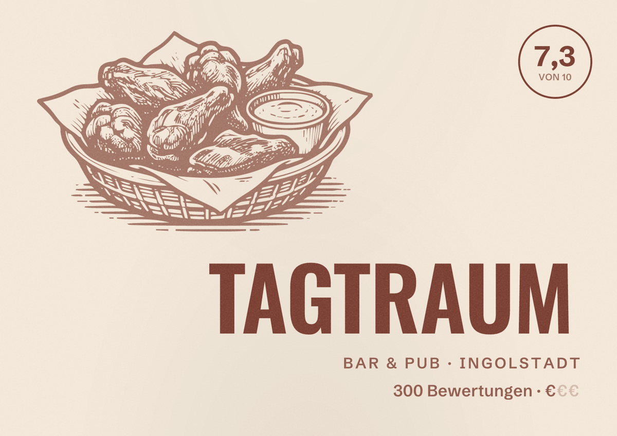 Illustriertes Poster von TAGTRAUM, Bar & Pub in Ingolstadt: Bewertung 7,3 von 10 aus 300 Bewertungen, Preisniveau €