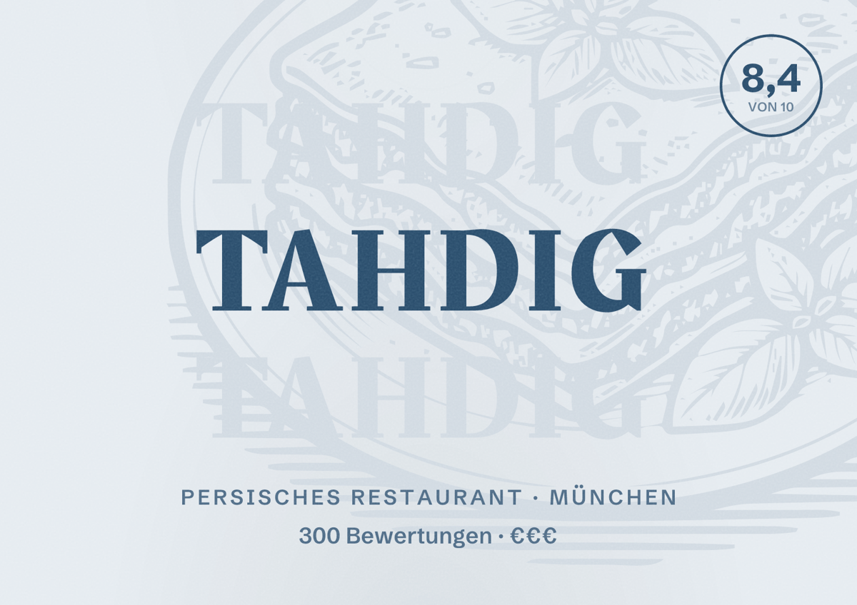 Illustriertes Poster von Tahdig, Persisches Restaurant in München: Bewertung 8,4 von 10 aus 300 Bewertungen, Preisniveau €€€