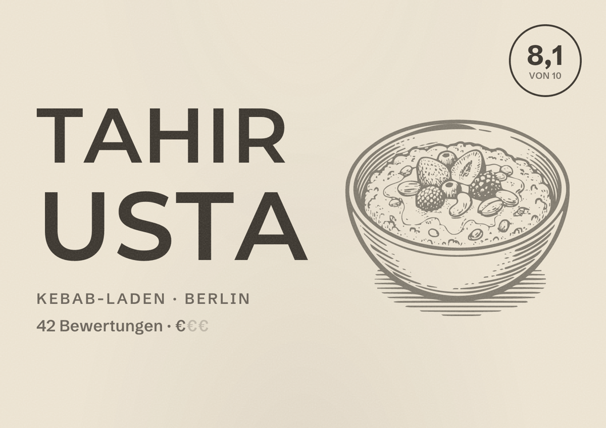 Illustriertes Poster von Tahir usta, Kebab-Laden in Berlin: Bewertung 8,1 von 10 aus 42 Bewertungen, Preisniveau €